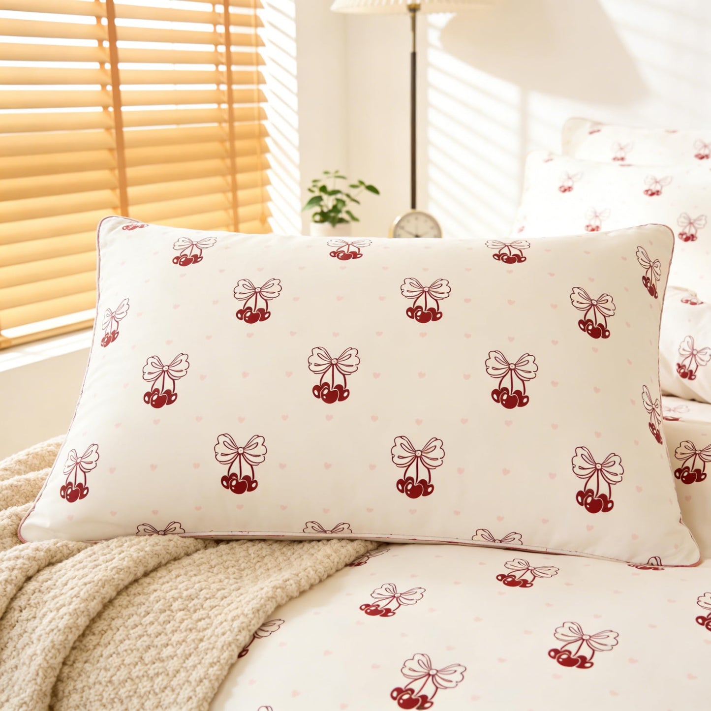 Sedefen Red Cherry Duvet Cover Queen Size Bow Duvet Cover Set Kids Boys Girls Cute Cartoon Bowknot Love Pattern Reversible Soft Breathable Bedding Set 3 Pieces with 2 Pillowcases