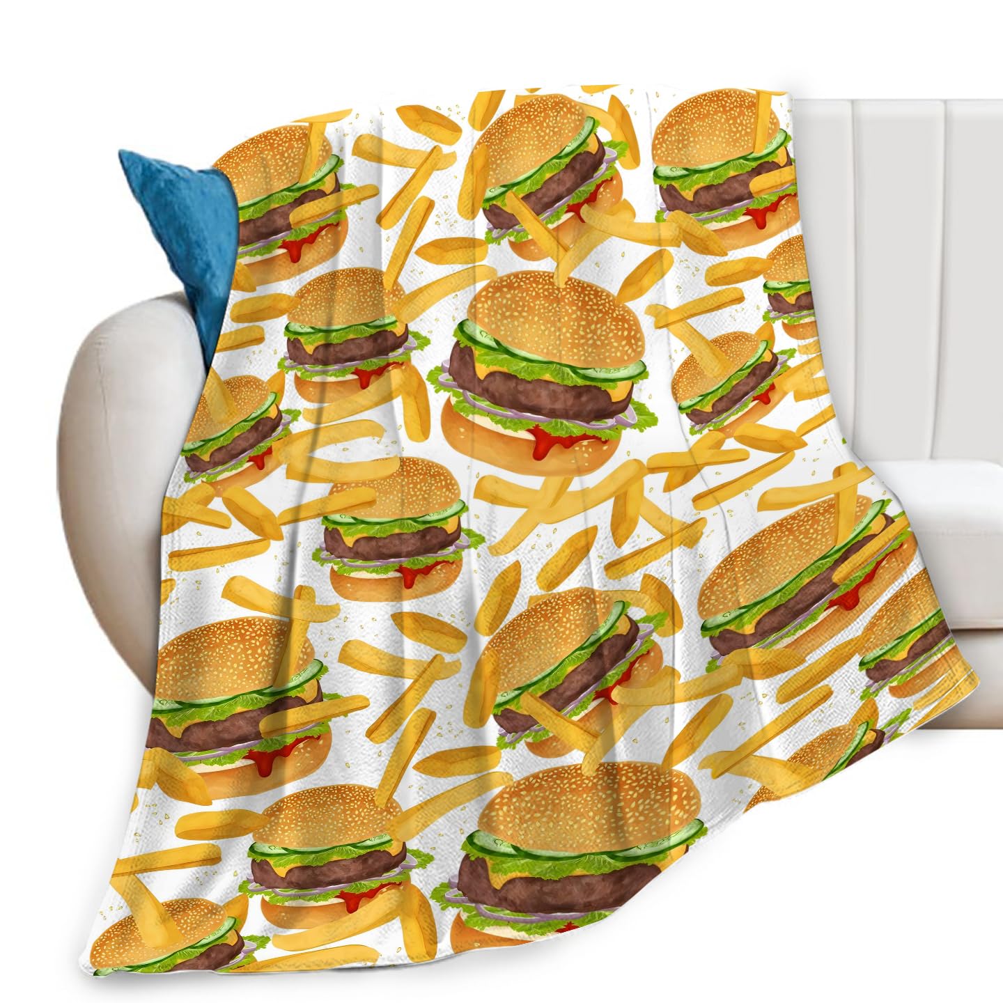 Hamburger French Fries Throw Blanket Burgers Food Funny Cute Meat Print Blankets Gifts Couch Sofa Bed Stuff Decor Soft Cozy Lightweight Fleece Plush Flannel Bedding for Lover Men Women Adults 40"x50"