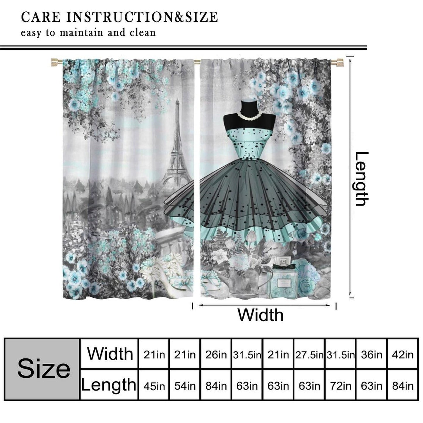 Nanacur Fashion Women Curtains, Dresses France Paris Floral Romantic Valentine's Day Perfume Eiffel Tower Window Drapes, for Bedroom Living Room 42" W X 45" L (Decorative)