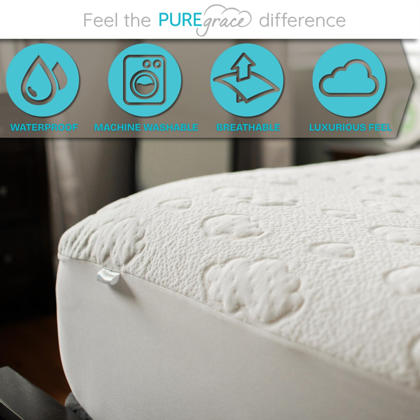 PUREgrace Queen Mattress Protector – Cooling Eucalyptus Tencel Fiber, Quiet Waterproof Mattress Pad Cover with Deep Pockets and Corner Safety Straps, Breathable Ultra Soft Luxury Fit