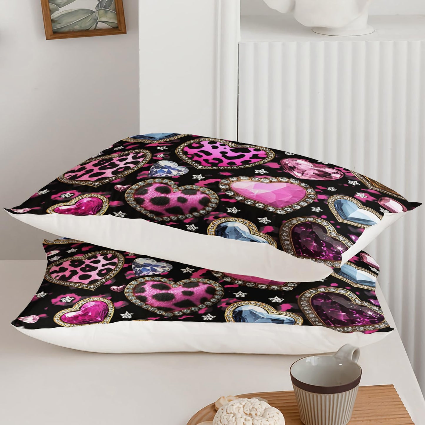 QOOMO Pink Heart Kids Full Comforter Set 3Pcs Leopard Love Heart Bedding Set for Girls Boys Crystal Diamond Printed Comforter with 2 Pillowcases Lightweight Microfiber for All Seasons