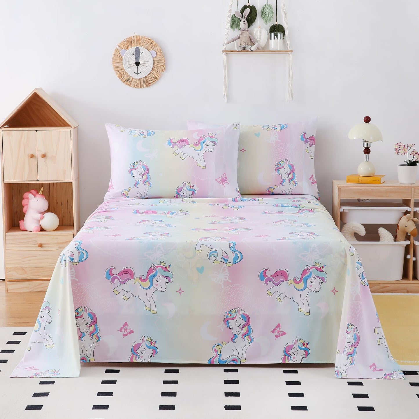 Yibeizi Twin Sheets Set Kids, Rainbow Unicorn Pattern Microfiber Single Bed Sheets, Cute Soft Oeko-Tex Extra Deep Pocket Sheets & Pillowcases Cooling Hypoallergenic Wrinkle Free Bedsheets
