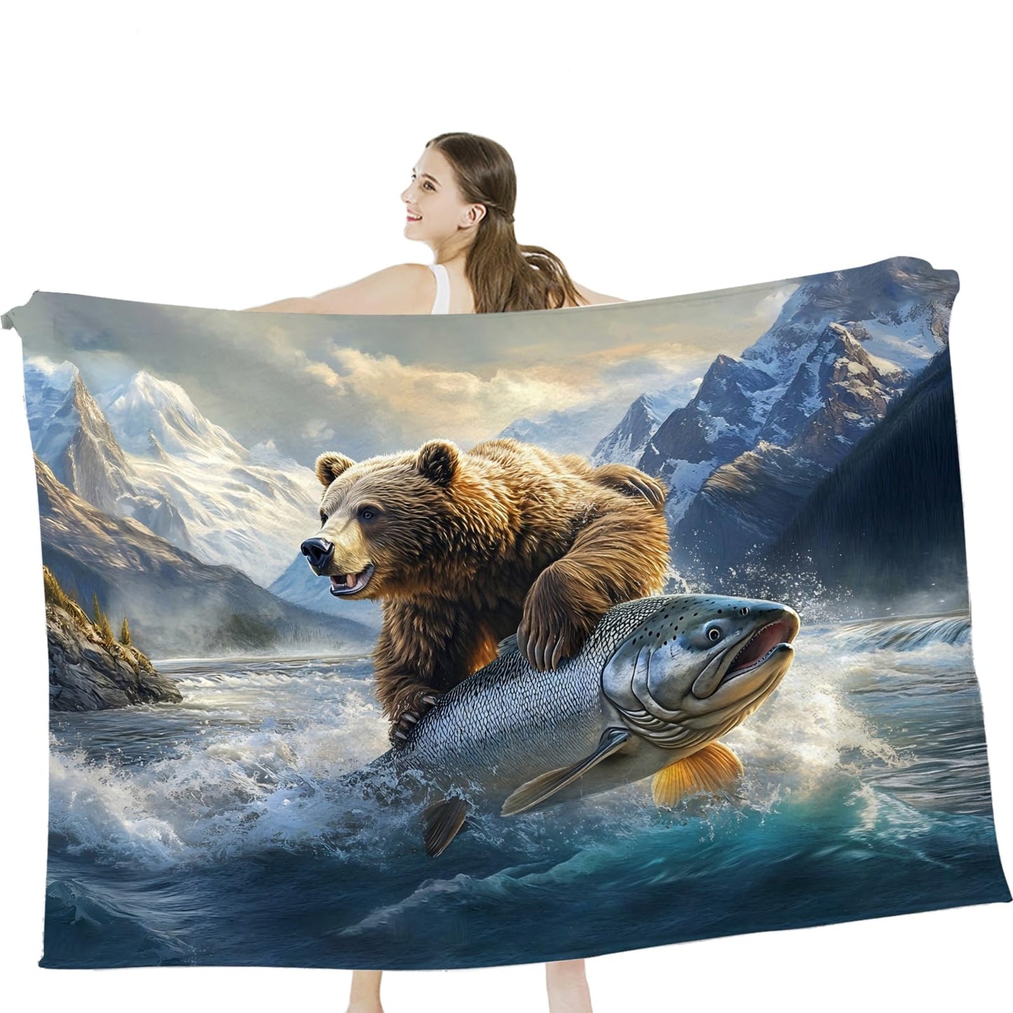 Tijuboni Bear Fish Throw Blanket Cabin Bear Gifts for Women Men Girls Boys Kids Adults Soft Flannel Fleece Blanket for Couch Sofa Bed Home Decor 40"x50"
