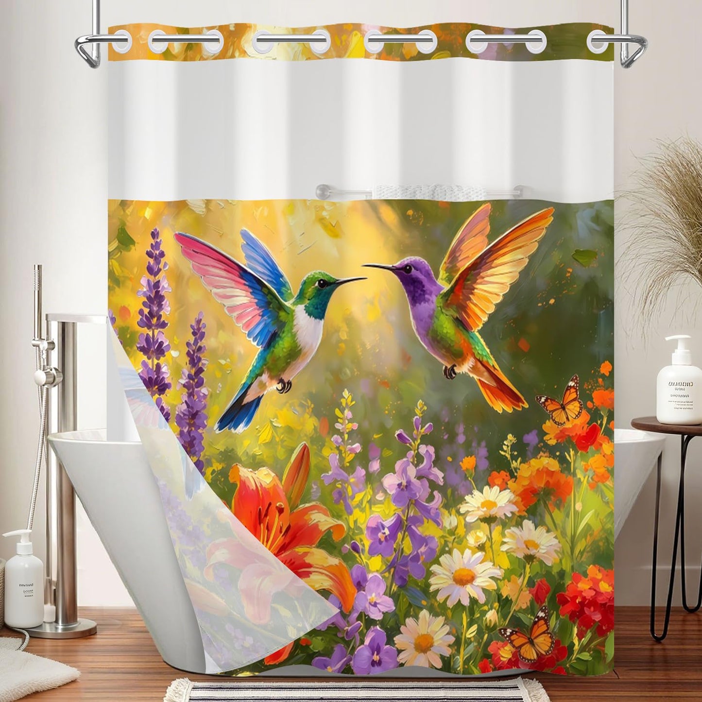 Xiazhilaio Hummingbird & Floral Shower Curtain Snap in Liner, 71x74 Inch