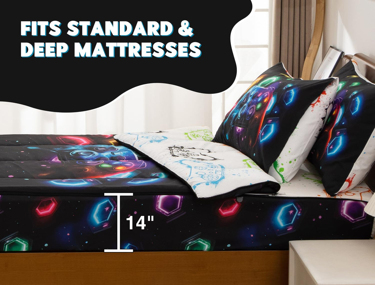 Meeting Story 3pcs Kids Comforter Set Zipper Bedding Set for Boys,Twin Kid Bedding Set Gaming Bedding for Kid,All in one Zipper Bedding (Black,Twin)