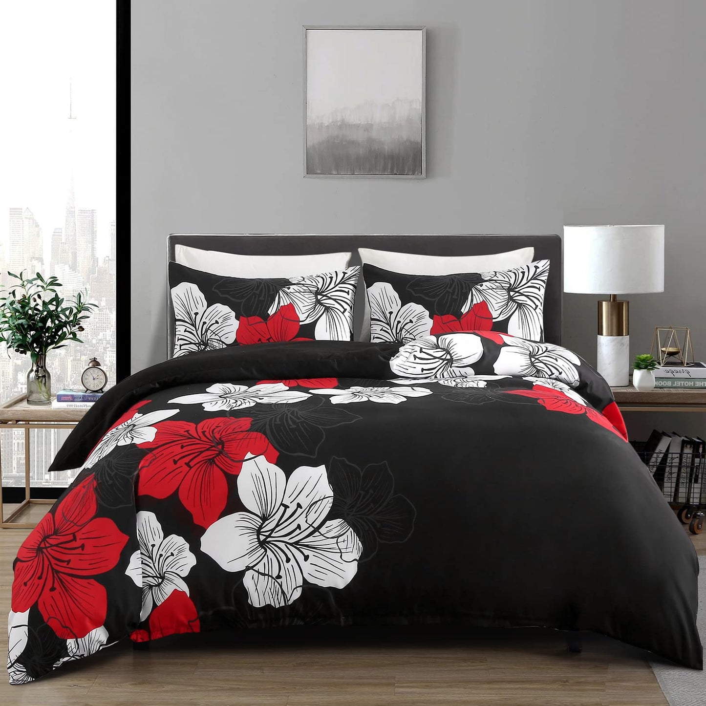 Menghomeus Black Comforter Set Queen Red and White Floral Comforter with 2 Pillowcases Modern Bedding Sets Lightweight Bed Set for All Season