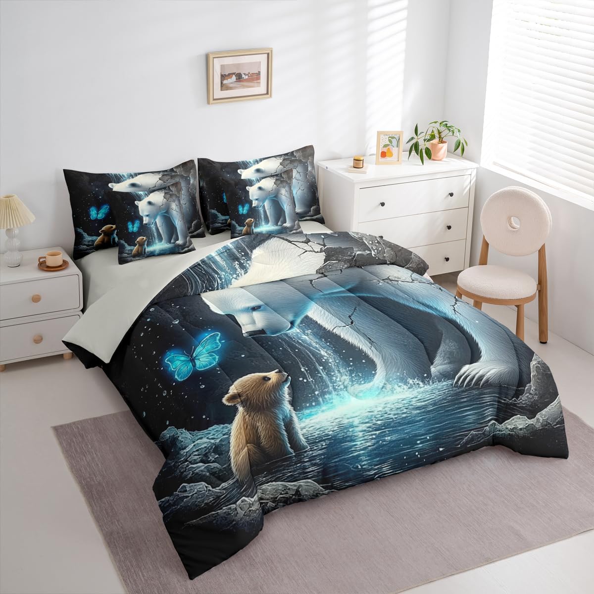 Erosebridal Bears 7 Piece Bedding Set Twin Butterfly Comforter Set with Sheets Broken Cave Water Droplets Pool Bed in a Bag Cute Wild Animals Natural for Kids Boys Girls