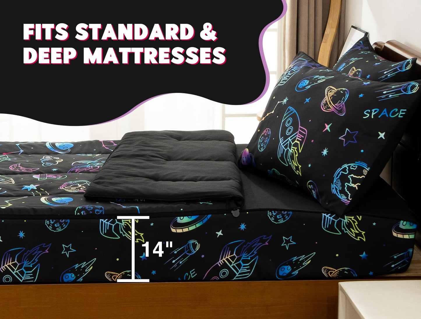 Meeting Story 3pcs Kids Comforter Set Zipper Bedding Set for Boys,Twin Kid Comforter Set Space Bedding Set for Kid,All in one Zipper Bedding（Blackgreen,Twin）