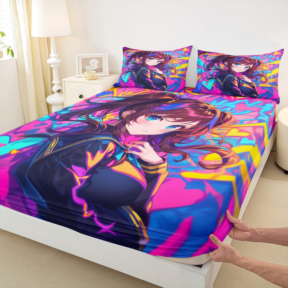 Erosebridal Anime Girl Full Fitted Sheet, Japanese Anime Bed Sheets for Kids Girls Teens Adult Bedroom, Cartoon Girl Bedding Set Kawaii Japanese Animation Sheets 3 Piece, Purple