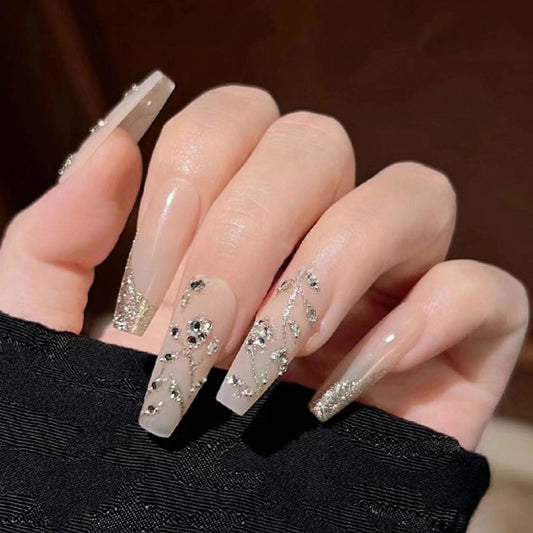 MISUD Press on Nails - Long Coffin Glue on Nails with Bling Glitter Rhinestone, Acrylic Nude Design 24 pcs