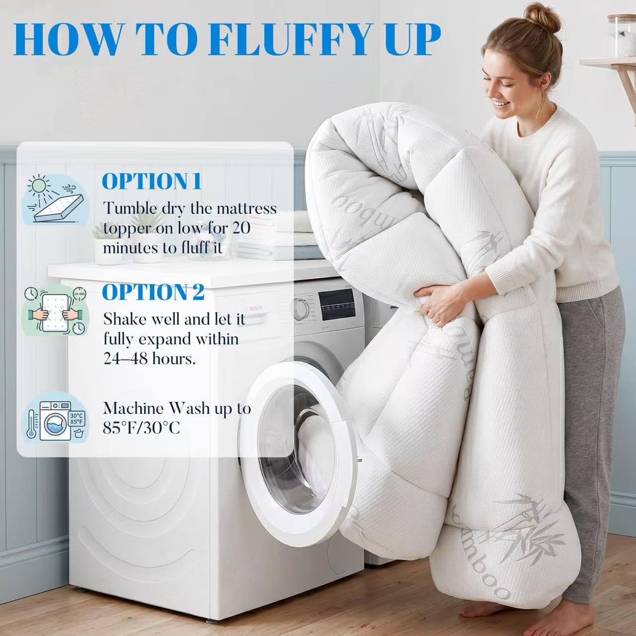 Ubauba 100% Waterproof Queen Size Mattress Topper, Viscose Made from Bamboo Pillow Top Mattress Protector for Back Pain Relief, Breathable Cooling Mattress Pad for Hot Sleeper, 8-21 Inch Deep Pocket