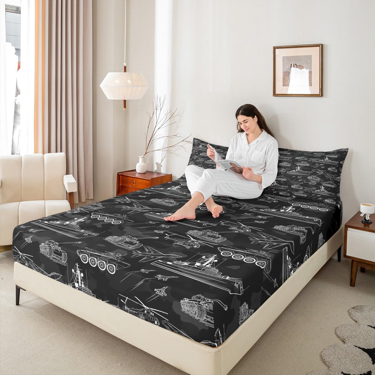 Manfei War Theme Fitted Sheet Full Size, Aircraft Tank Ship Bed Cover with 2 Pillowcases, Black Army Camouflage Bedding Set 3pcs for Kids Boys Teen Room Decor, Soft Polyester Bedding