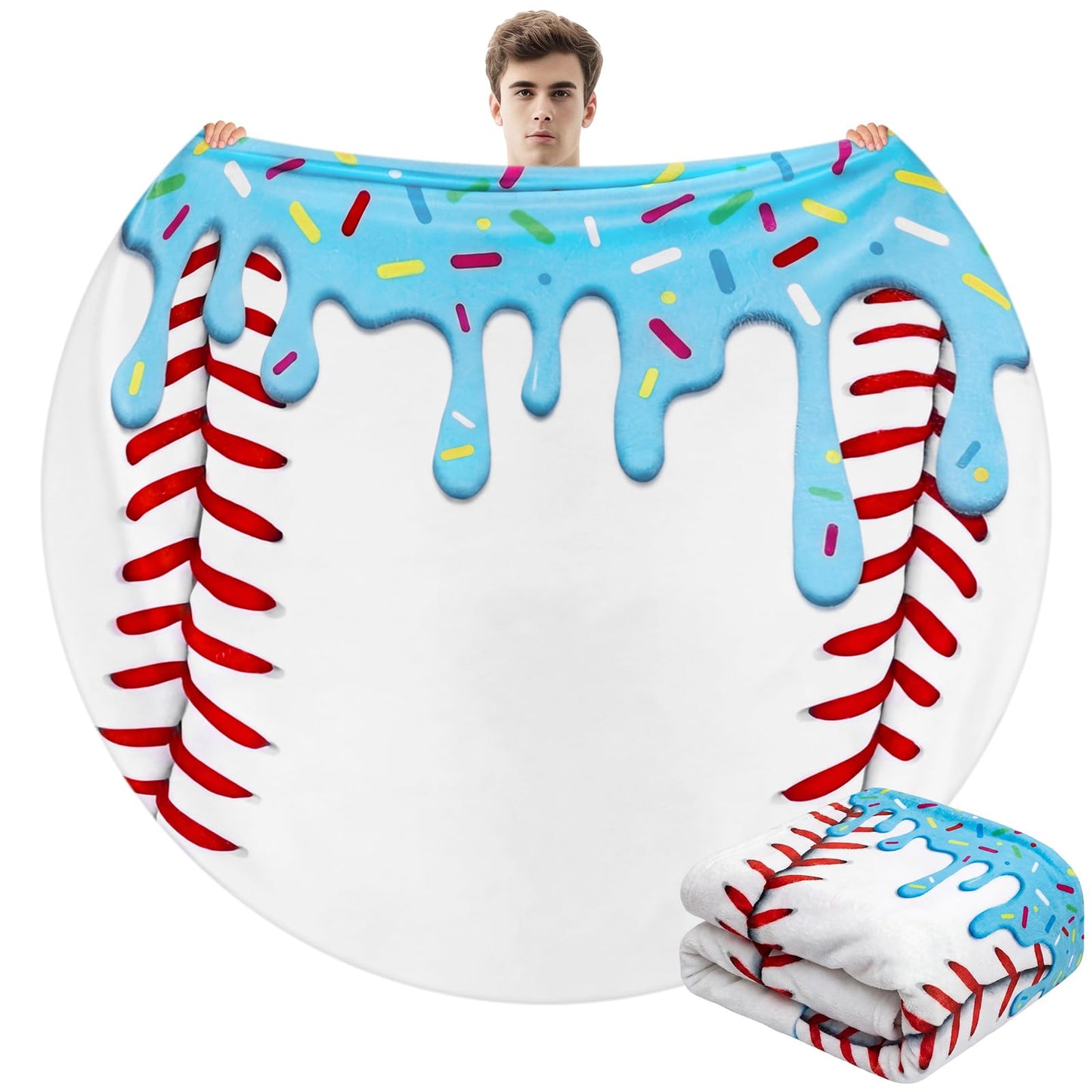 Tigeen 1 Pcs 60" Round Ice Cream Baseball Blanket for Teens Boys Girls Adults Soft Flannel Baseball Ice Cream Drip Stuff Throw for Couch Bed Dorm Room Decor Player Team Senior Night Gifts (Blue)