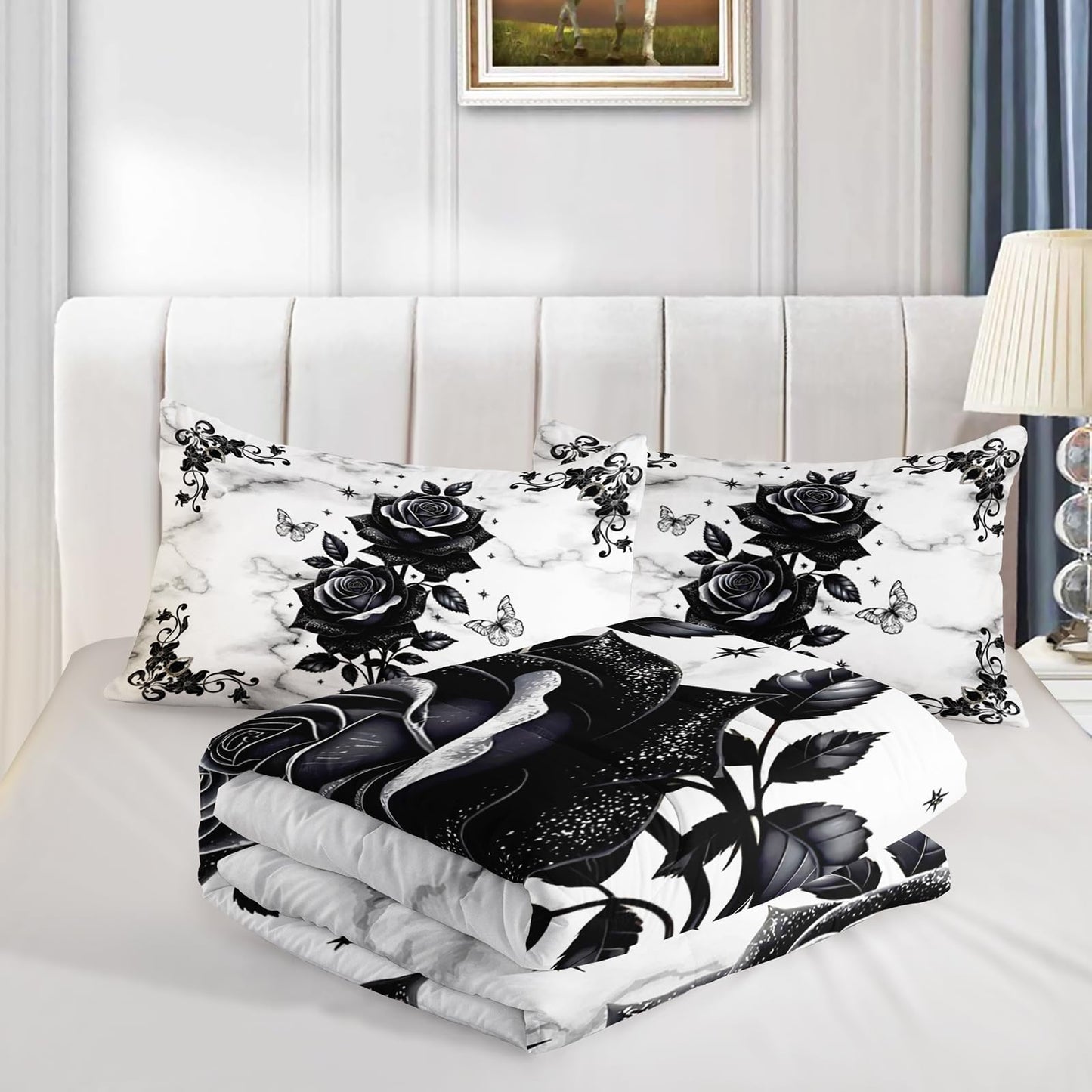 QOOMO Black Flowers Kids Bedding Set,Cartoon Plants Comforter Set Queen Size for Boys Girls Teen Room Decorat,Soft Lightweight Bed Set All Season,1 Comforter 2 Pillowcases