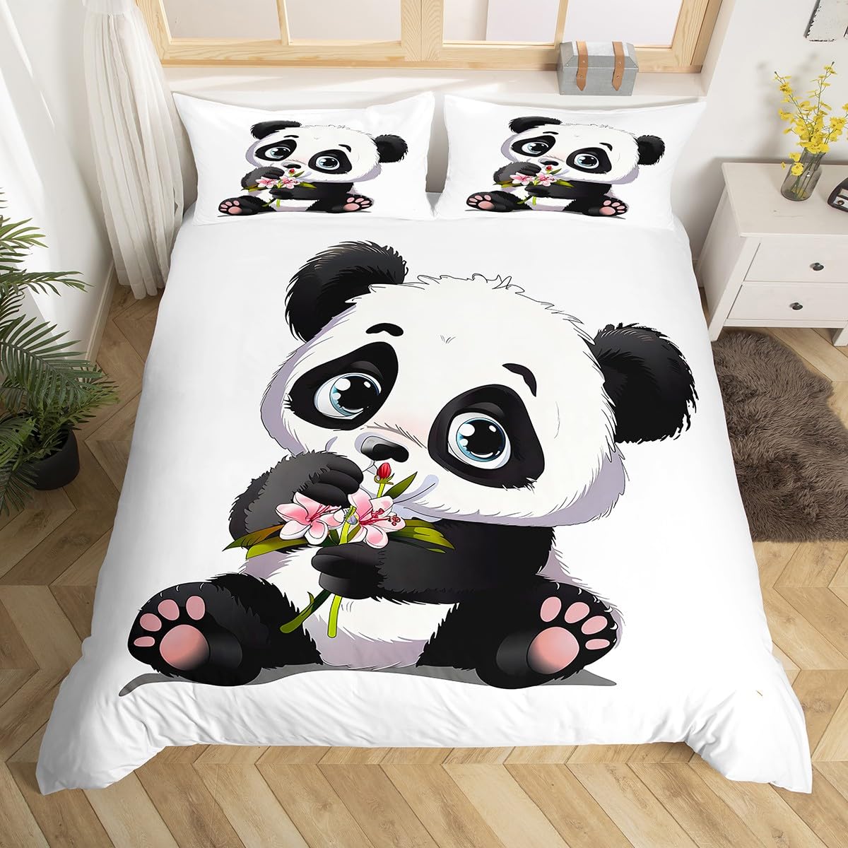 Feelyou Panda Bedding Set for Boys Girls Full Size Cute Giant Panda Duvet Cover Set Kids Toddler Cartoon Animal Pattern Comforter Cover with 2 Pillowcases