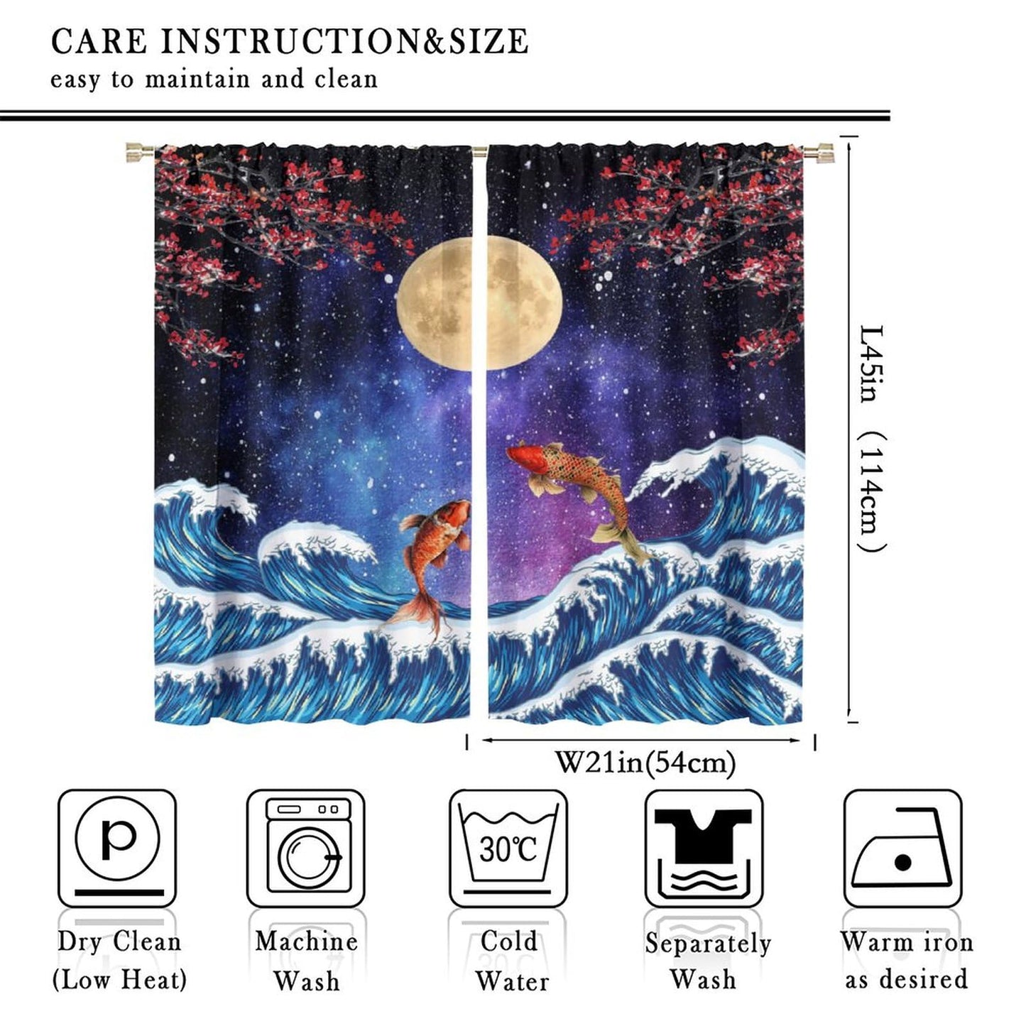 Koi Asian Oriental Cherry Blossom Moon Sea Wave Pattern Curtains for Bedroom Living Room Kitchen - Blackout Privacy Noise Reduction - 42x45 Inches 2 Panels