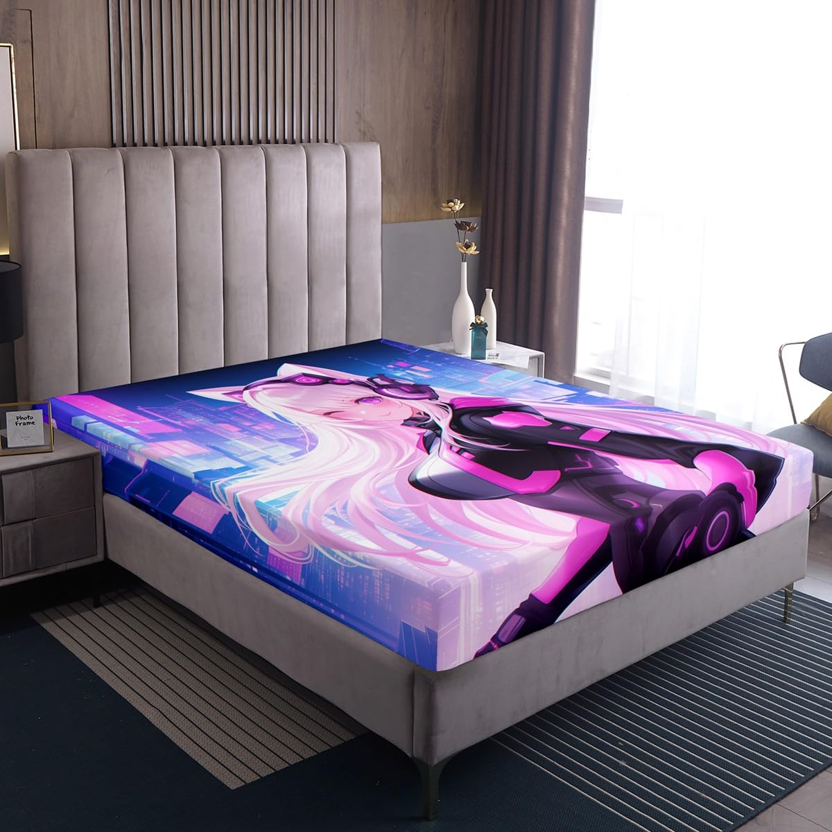 Erosebridal Twin Anime Girl Bed Sheets 2 Piece, Kawaii Japanese Anime Bedding Set Cartoon Girl Fitted Sheet Sci Fi Style Japanese Animation Sheets for Kids Girls Teens Adult Room
