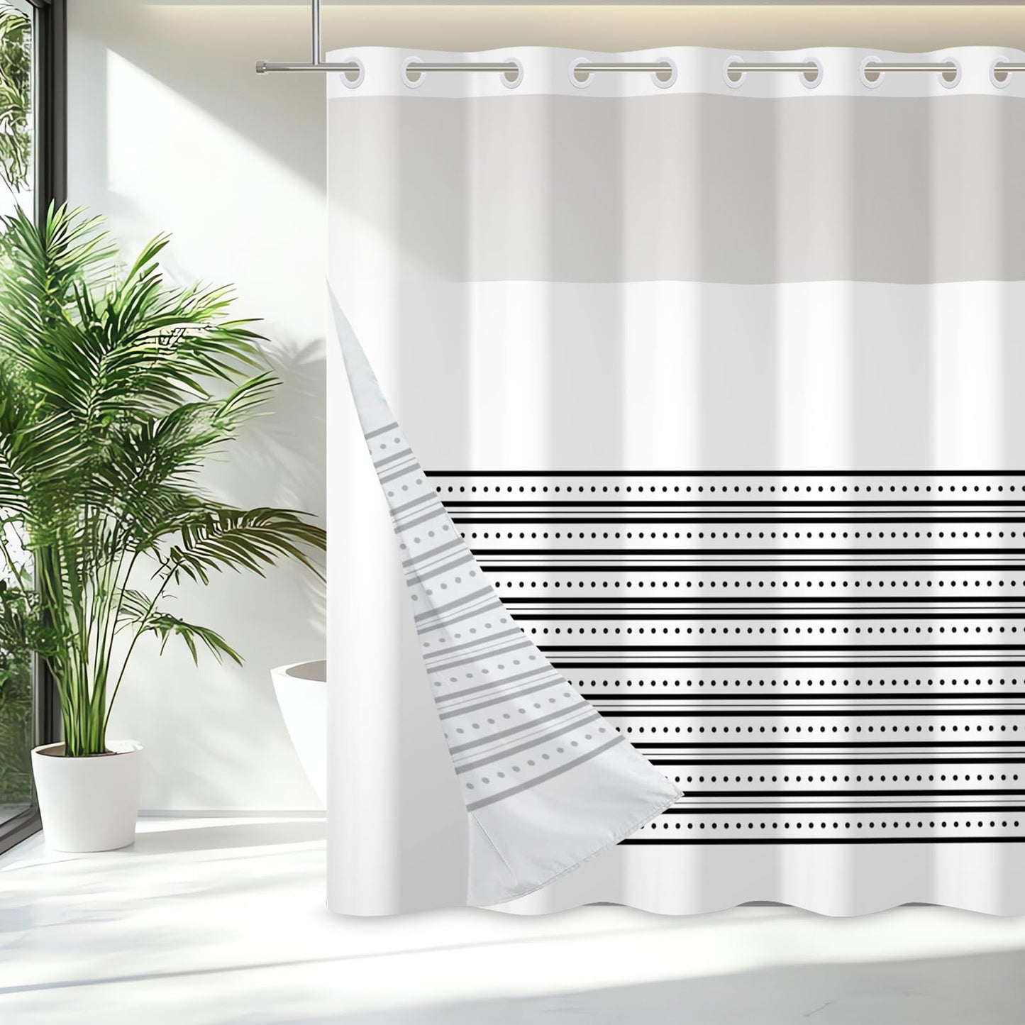 ggaimwf 71x71 Inch Without Hook Striped Shower Curtain and Liner Set Black White Textured Snap in Shower Curtains for Bathroom Modern Trendy Polyester Cloth Bathroom Set