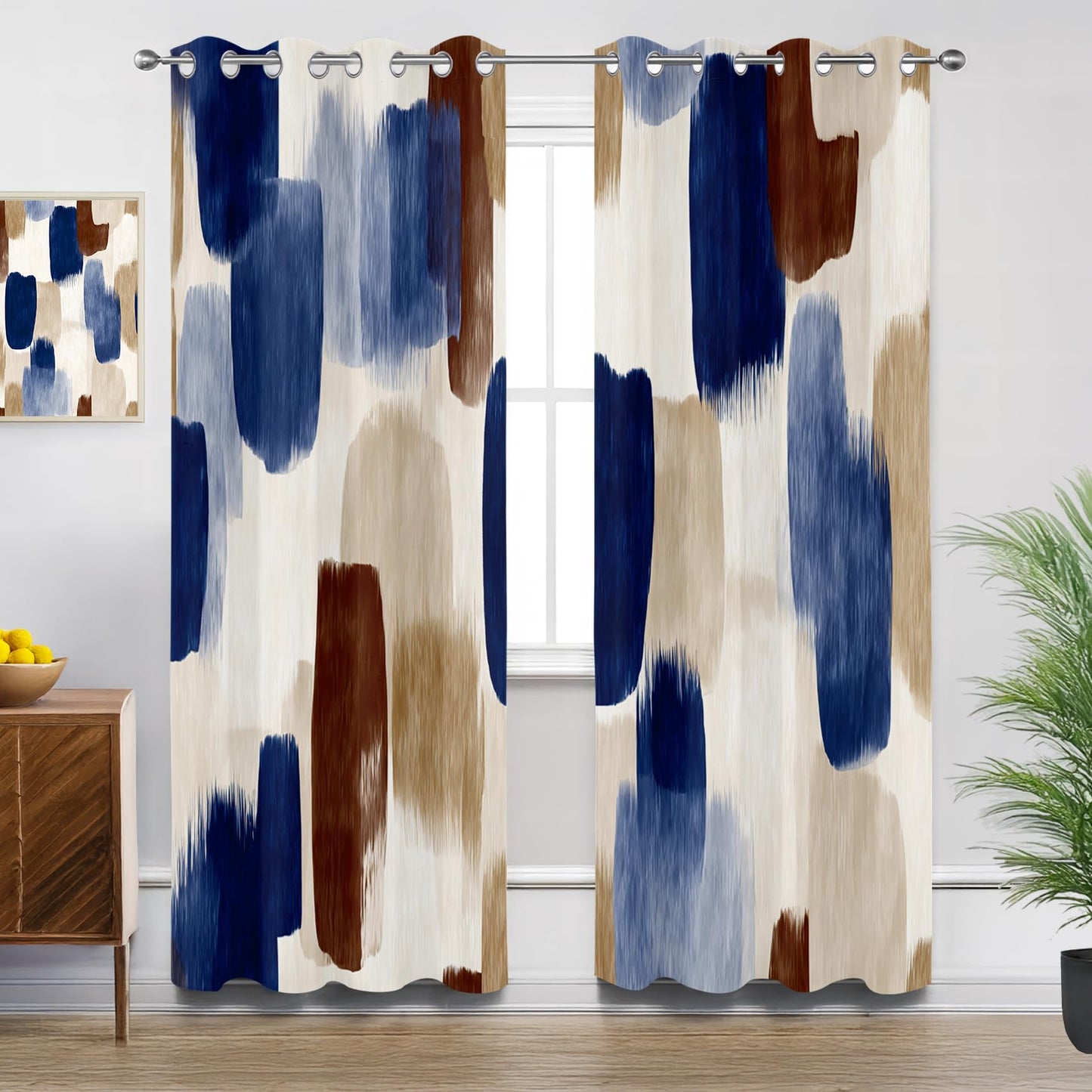 Solvivae Abstract Art Blackout Curtains for Bedroom Living Room, Blue Brown Beige Modern Patterned Window Treatments, Room Darkening Thermal Insulated Grommet Drapes, 108 Inch Curtains 2 Panel Set