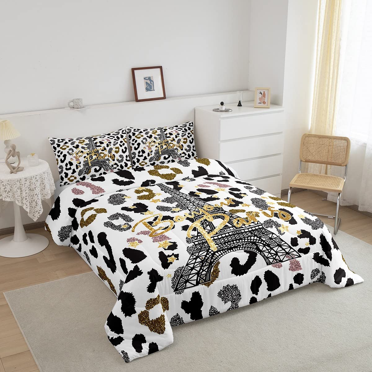 Feelyou Eiffel Tower Comforter Set Leopard Print Bedding Set for Kids Boys Girls Paris Tower Comforter Cheetah Print Quilt Set 1 Comforter Set with 2 Pillowcases Full Size