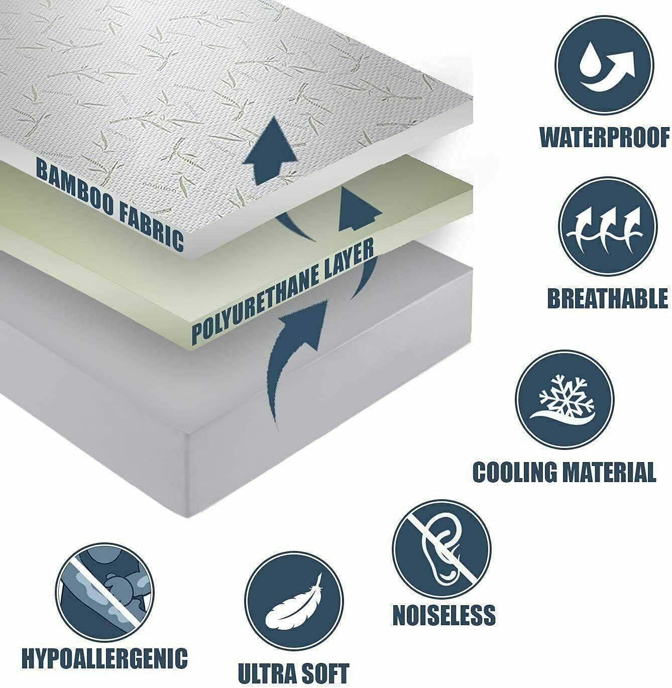 Bamboo Mattress Protector with Zipper - 100% Waterproof Full Size Cooling Mattress Cover - Ultra Soft Jacquard Fabric Breathable Noiseless Mattress Pad Cover - Zippered Mattress Encasement