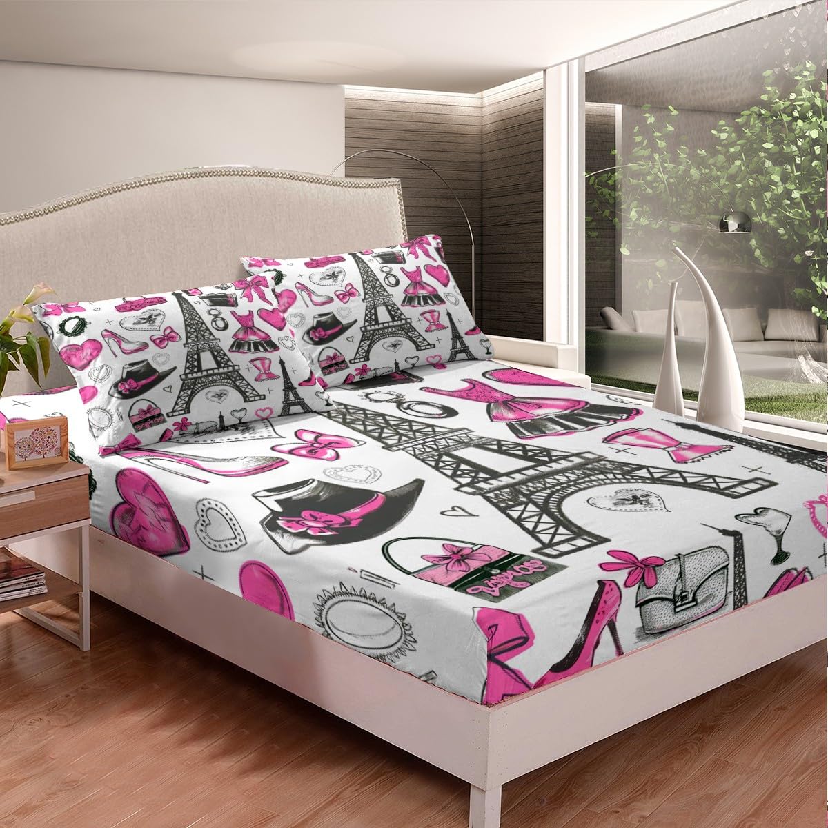 Fashion Women Clothing Fitted Sheet Full for Boys Kids Teens Bedroom,Romantic Eiffel Tower Bedding Set(No Top Sheet),Pink Hat Bag Bed Sheet,Makeup Theme Bed Cover,2 Pillowcases