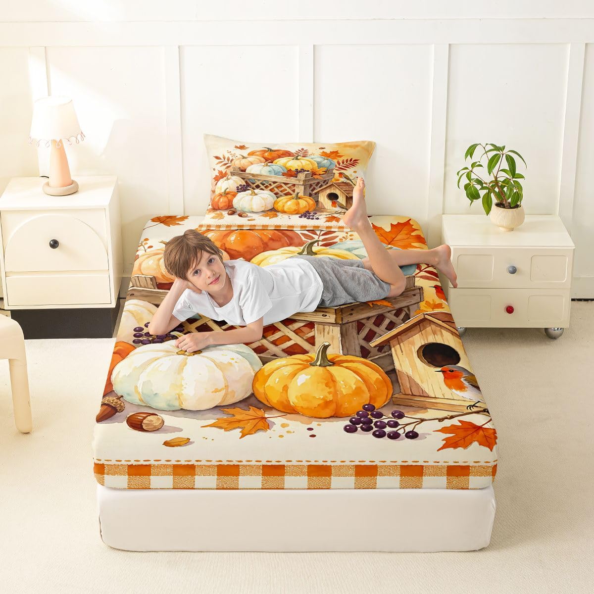 Erosebridal Harvest Pumpkin Bed Sheets Twin Size Orange Gingham Geometric Checkered Sheet Set Teens Adults Autumn Maple Leaf Bedding Set Happy Fall Thanksgiving Sheets