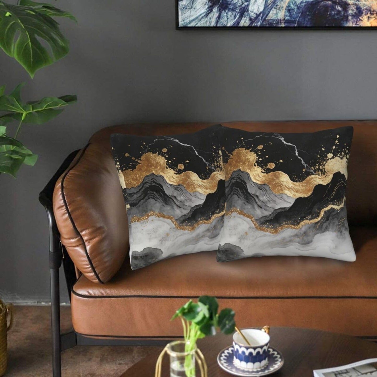 Lcokin Black and Gold Abstract Marble Throw Pillow Covers 18x18 in Set of 2, Decorative Gold Grey Pillow Case Square Cushion Covers for Sofa Bed Couch Living Room