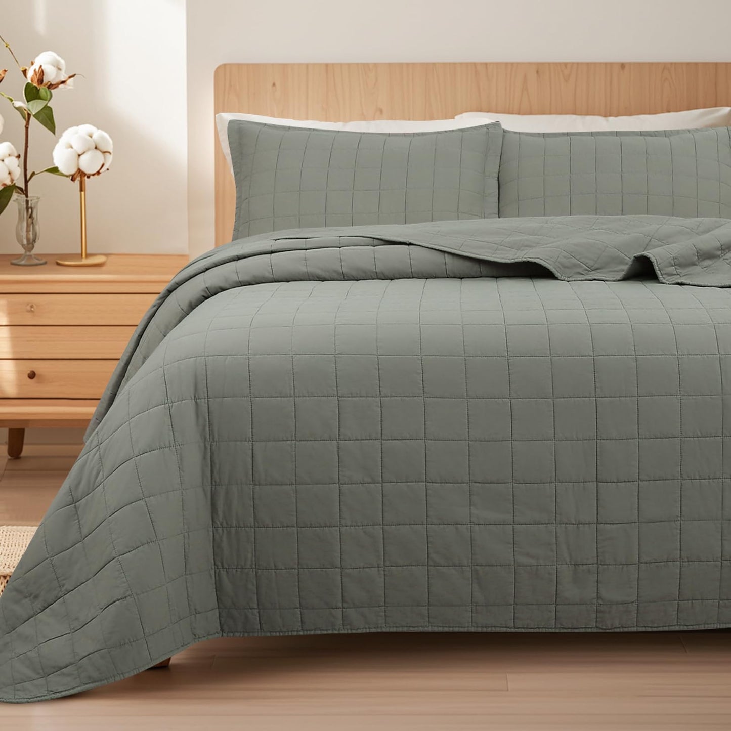 FFQSS Quilt Queen Size Bedding Sets - 100% Cotton Lightweight Luxury Comforter Set, Full Size Stitching Bedspreads Coverlet with 2 Pillowcase Suit for All Season, Green