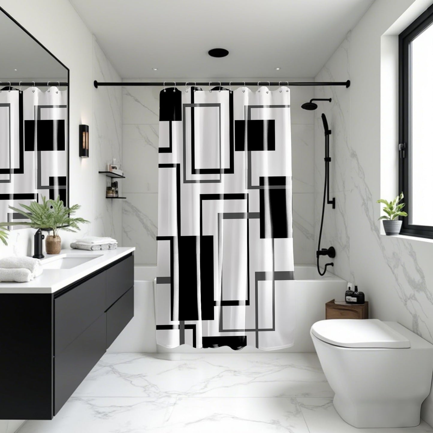 Yieldeer Black and White Geometric Shower Curtain, 70 x 72 Inch