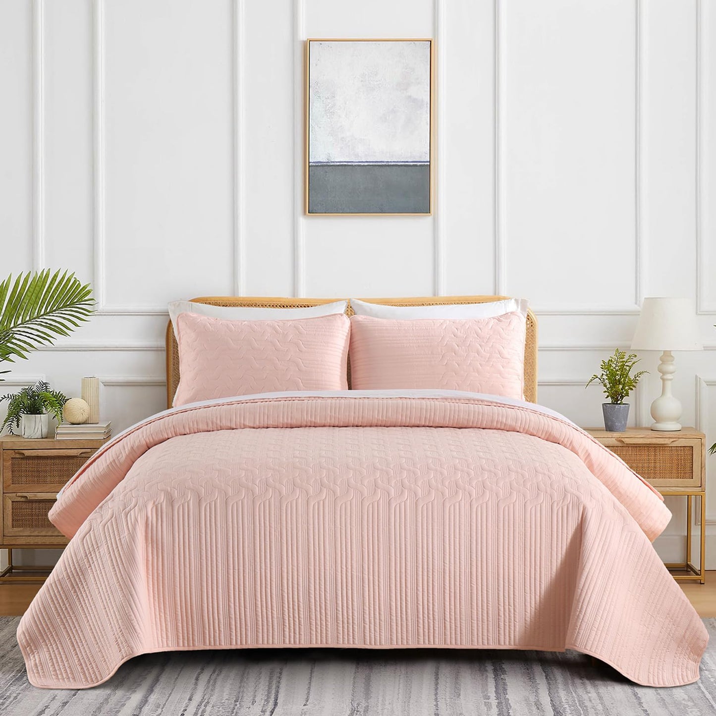 Yiran Blush Pink Quilt Set Queen Size, 3 Piece Reversible Bedspreads Bedding Set, Fall Wave Striped Pattern Coverlet for All Season with 2 Pillow Shams (Full/Queen, 96x90 Inch)