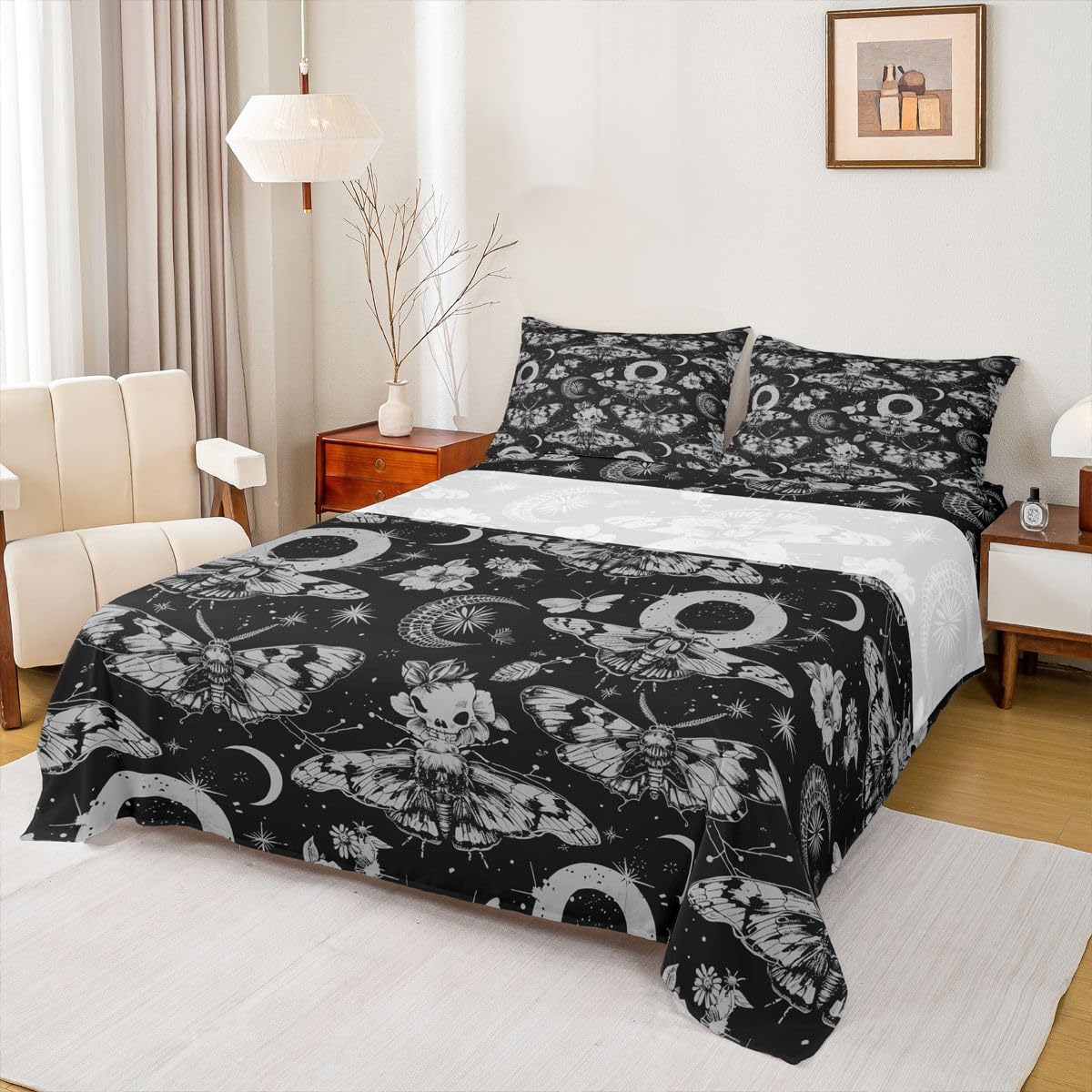 Feelyou Death Moth Bed Sheets Set Full Size Halloween Themed Bed Set for Kids Boys Girls Boho Moth Deep Pocket Fitted Sheet Gothic Breathable Soft Lightweight Microfiber Black and Gold