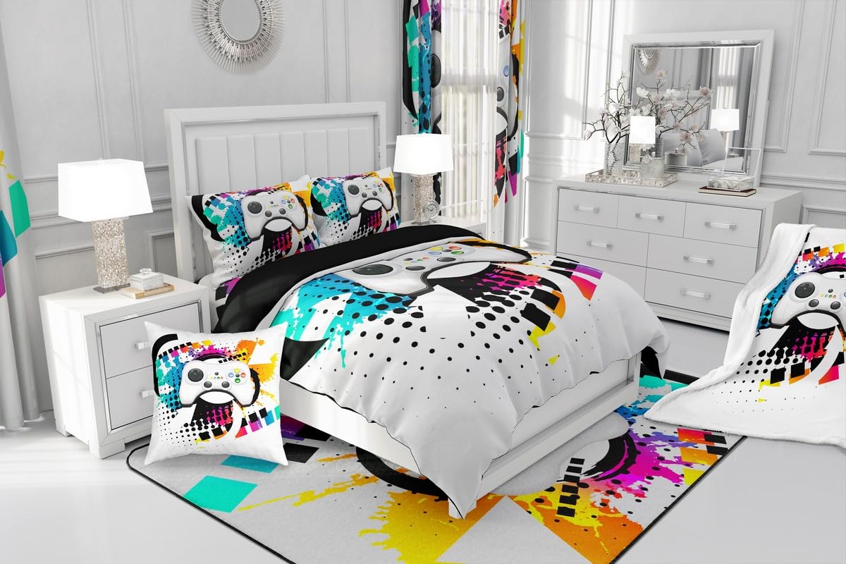 Kids Gaming Comforter Set Queen Gamer Bedding Set, Modern Console Game Controller Duvet Set For Boys Girls Teens, White Gamepad Quilt Set, Tie Dye Colorful Comforter Set Grey White Soft Bedding Set