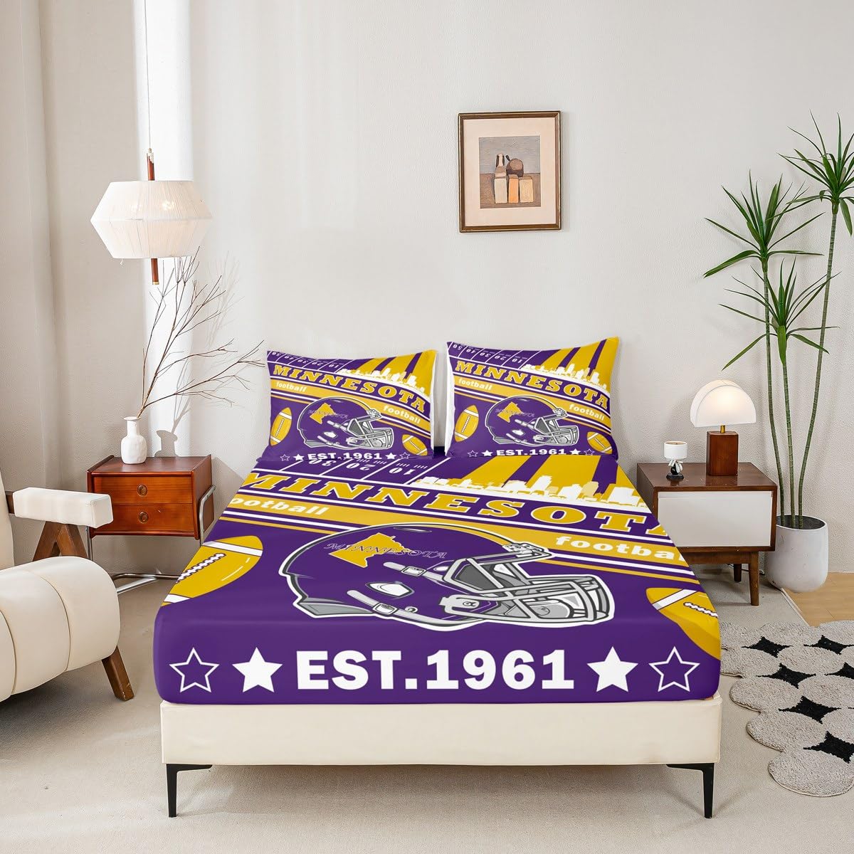 Feelyou Football Bed Sheets Set Boys Teens Twin Size Women Men Rugby Sports Bedding Set Football City Fitted Sheet with 16 Inch Deep Pockets