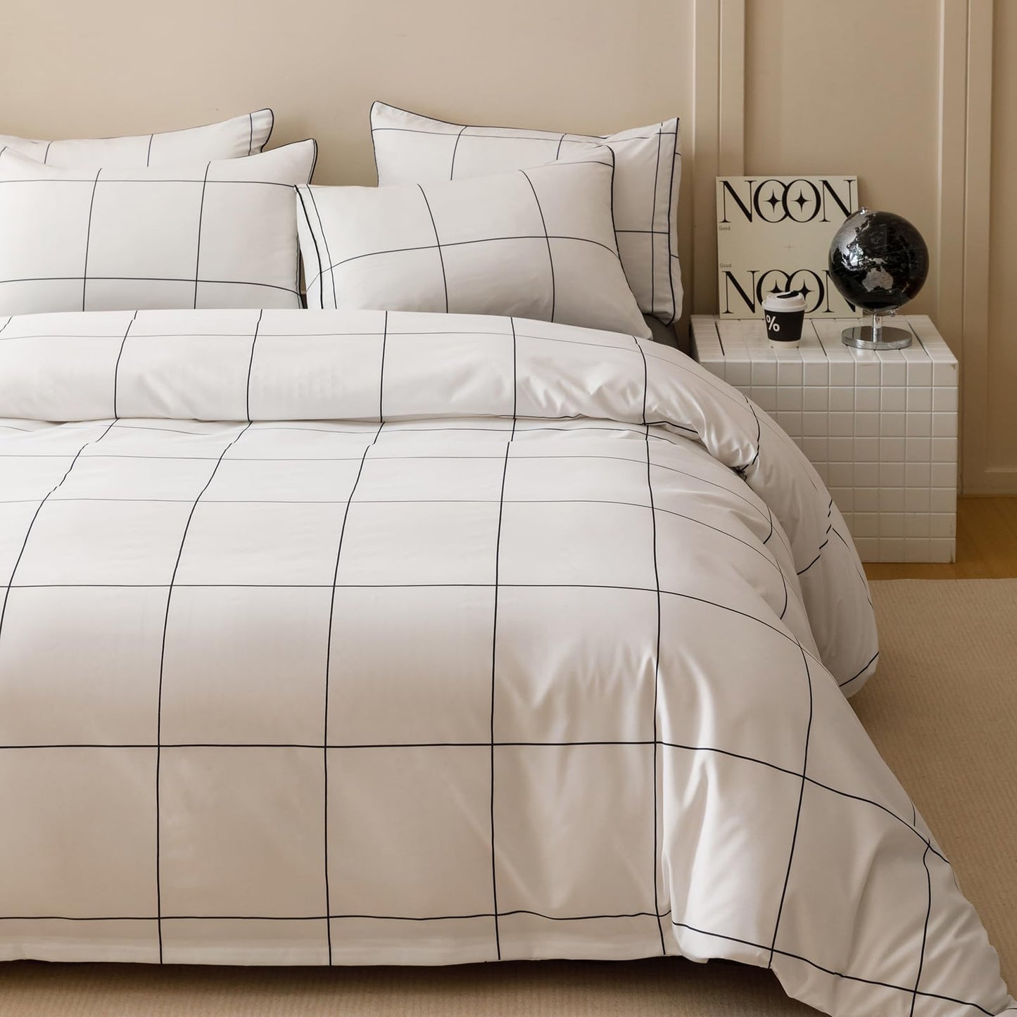 KAREVER White Grid Comforter Full Women Black Square Lines Checkered Bedding Set Full White Plaid Comforter Full Size