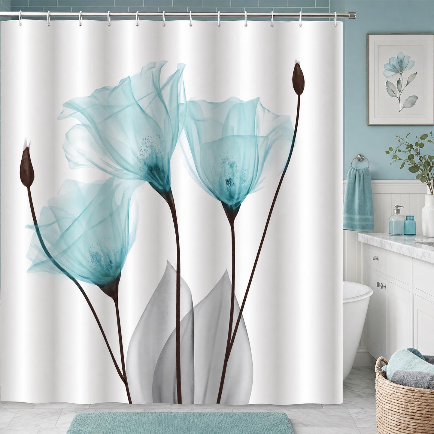 ZCHOMI Teal Floral Shower Curtain Tulip Turquoise Aqua Tulip Flower Botanical Modern Aesthetic X-ray Floral Elegant Bathroom Curtain Decor Waterproof Fabric Bath Curtain 72 x 72 Inch with 12 Hooks