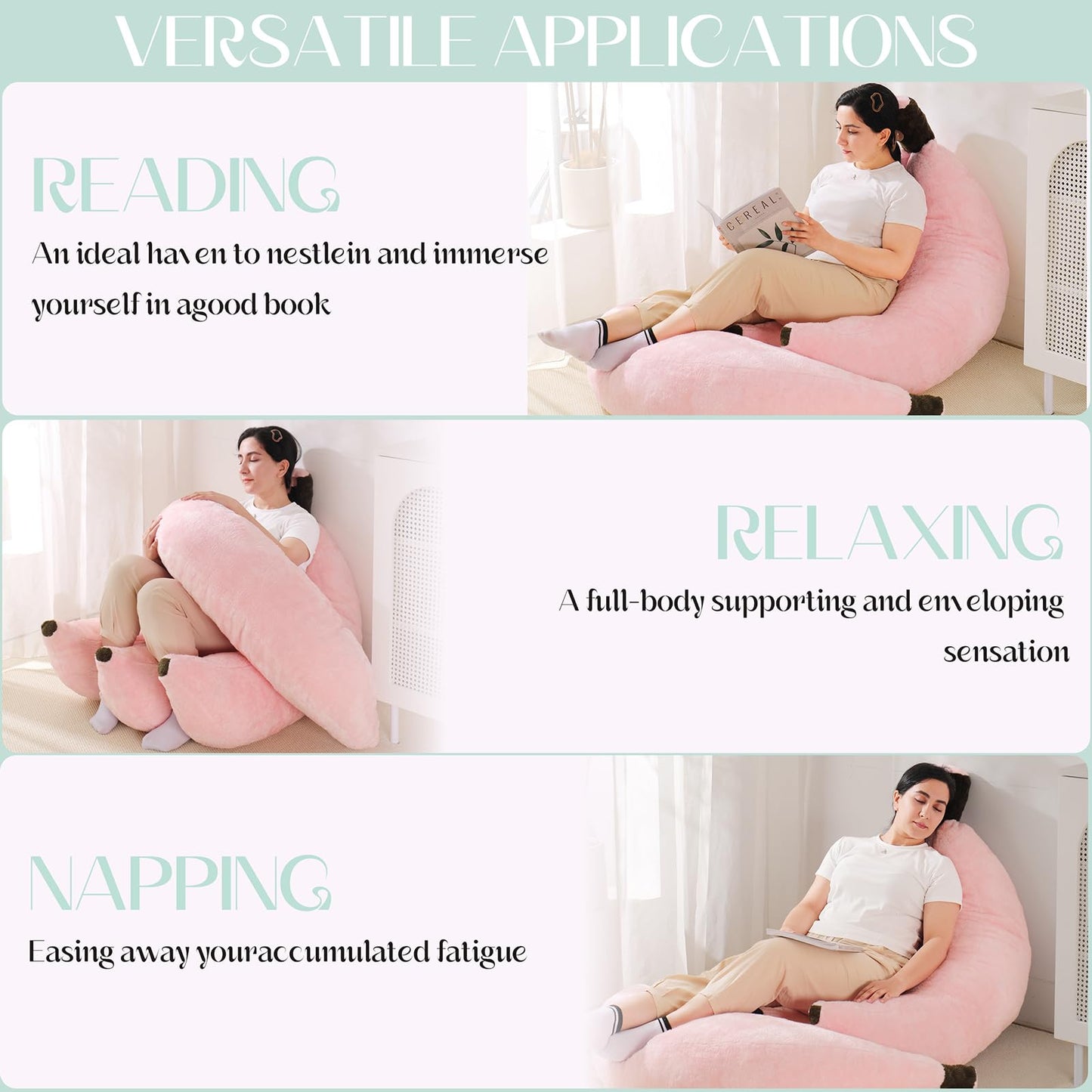 IEVENW Banana Bean Bag Chair with Ottoman, Floor Sofa Bed with Footrest, Comfy Convertible Lounger for Teens & Adults, Plush Couch for Bedroom, Living Room or Dorm, M-Pink