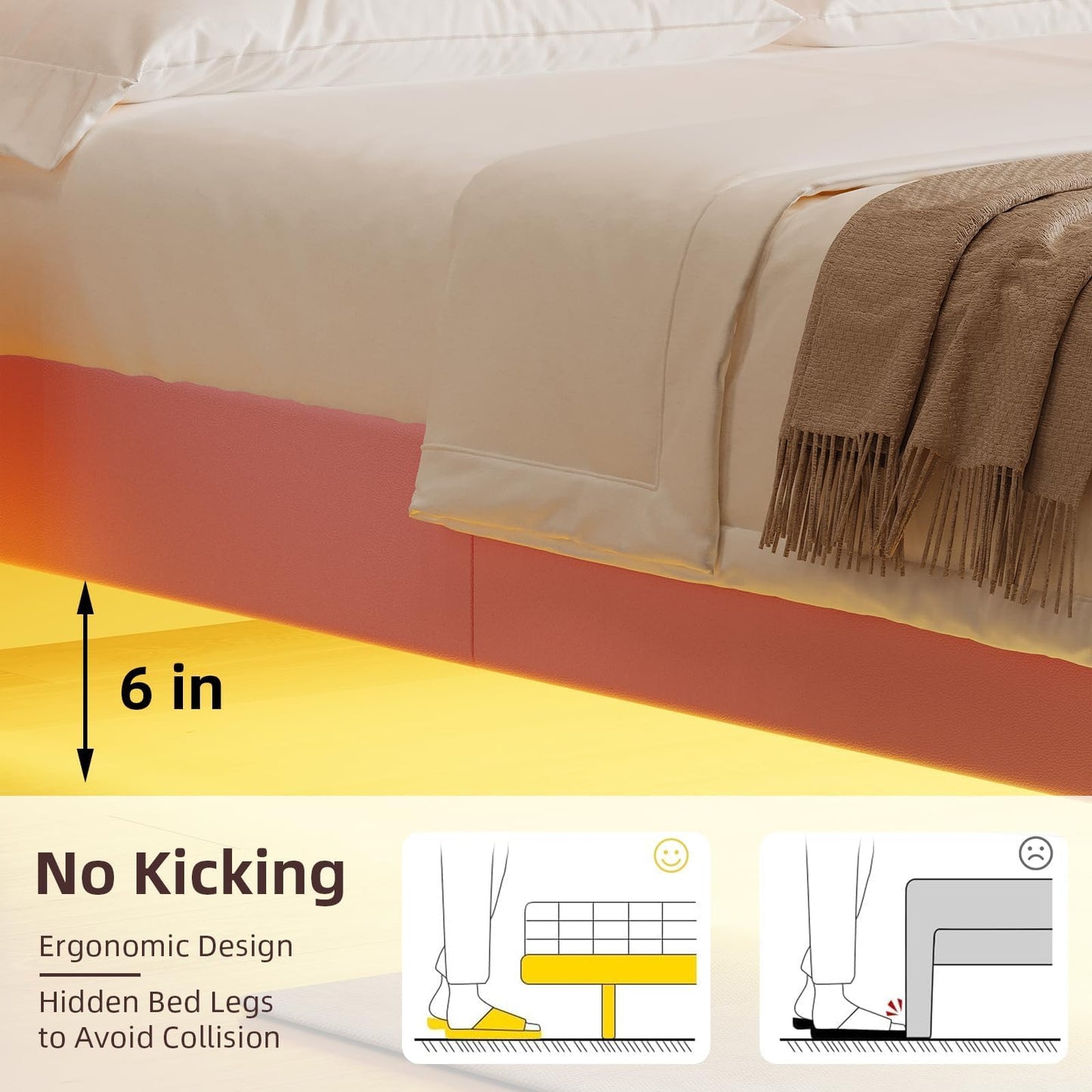 BarnFurin Floating Bed Frame Full with LED Lights, Upholstered Bed Frame with Diamond Headboard, No Box Spring Needed, Noise Free, Easy Assembly, Pink