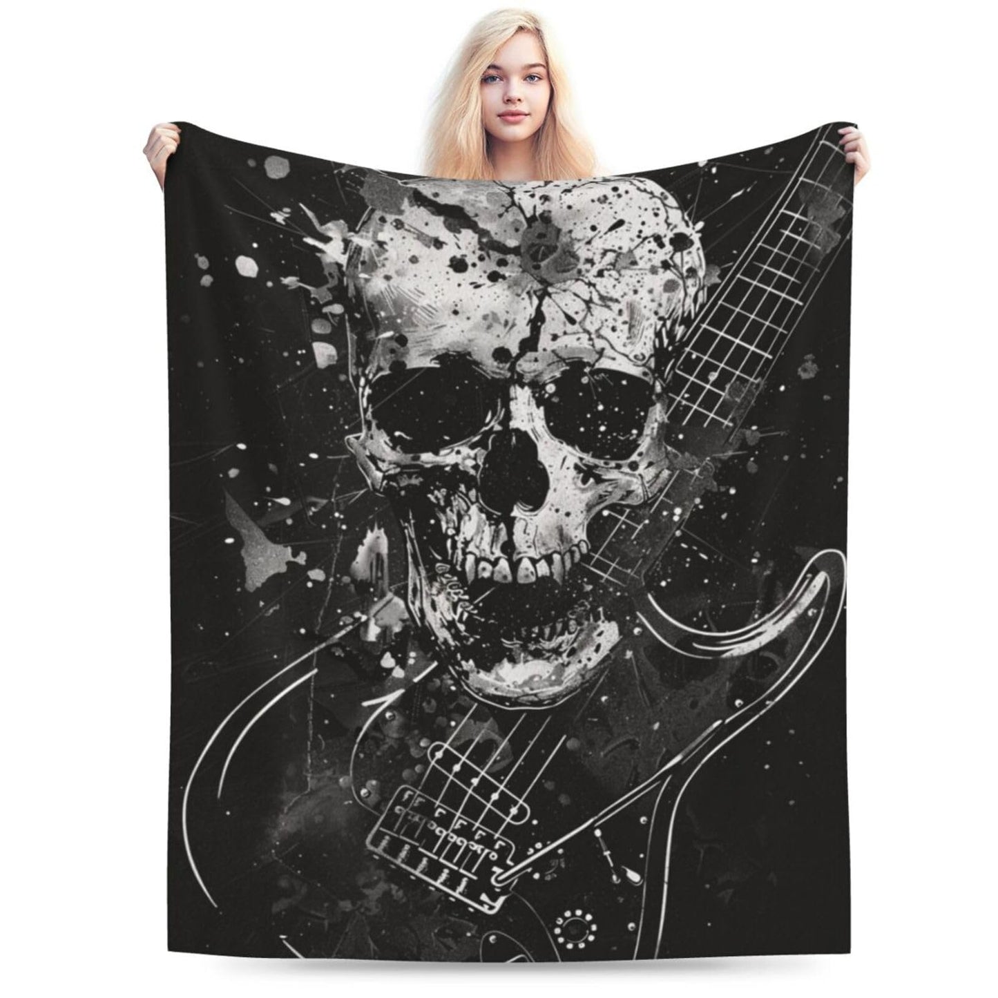 Qycazzw Rock Skull Guitar Blanket Gifts for Women Girls Kids, Gothic Heavy Metal Music Throw Blankets, Soft Cozy Flannel Throws for Sofa Couch Bedroom Decor 50x60in