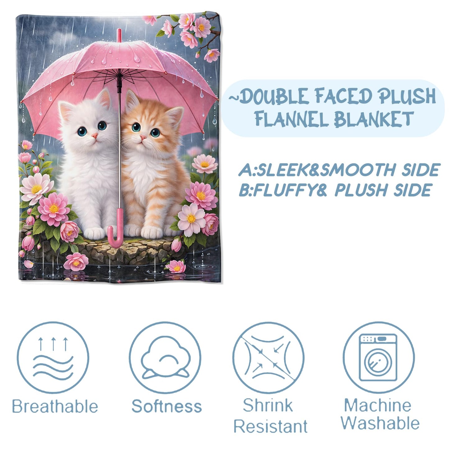 Zeleda Cute Cat Floral Cozy Throw Blanket for Couch Sofa Bed, Soft Flannel Dreamy Kitten Flower Blankets for Women Kids Girls, Warm Lightweight Romantic Throws for Room Decor Gifts, 50x60 Inches