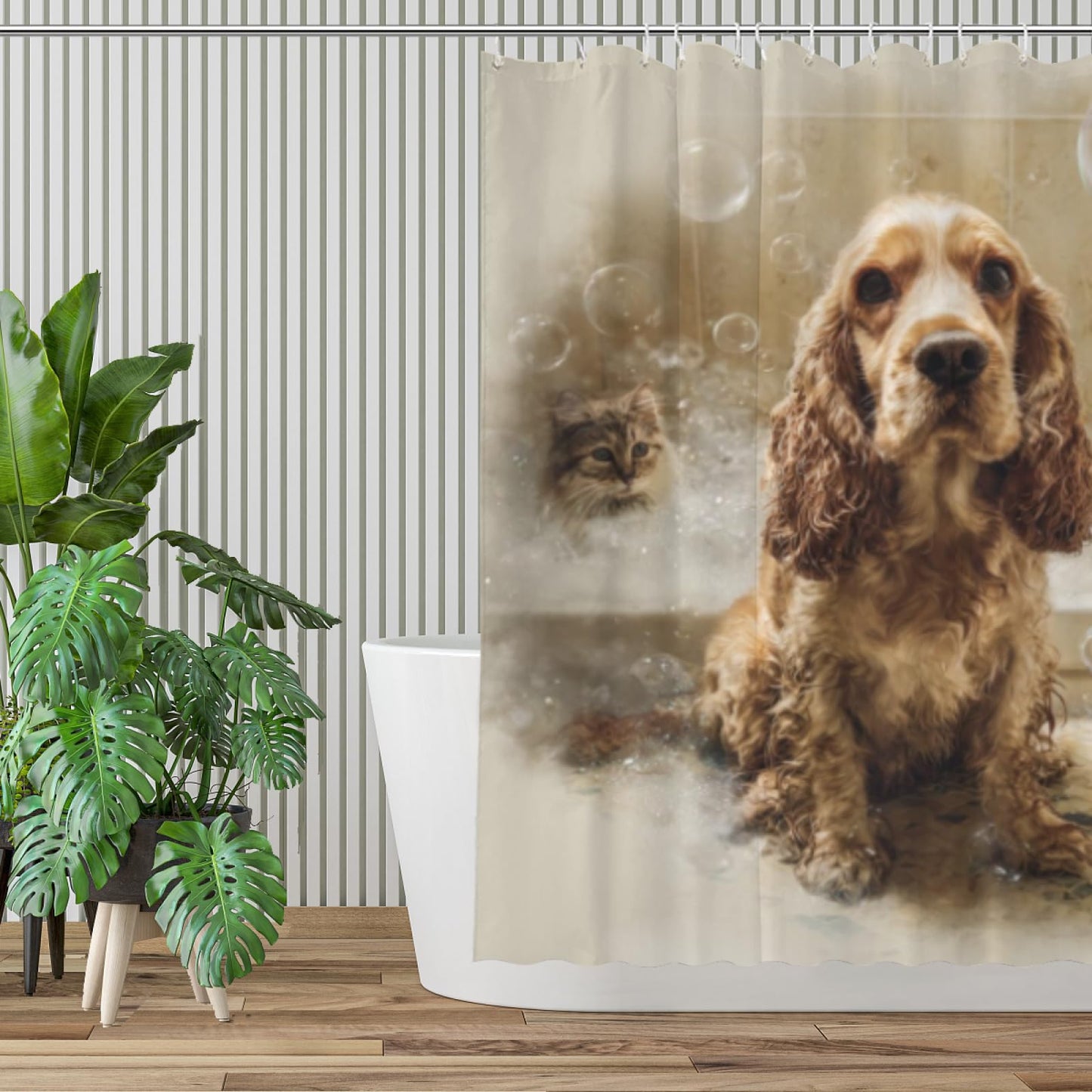 Wordatu Cocker Spaniel Shower Curtain Bathroom Set 72X72 Inches Funny Cat Lovely Animals in Bathtub for Boys Bath Farmhouse Art Home Decor Fabric 12 Hooks