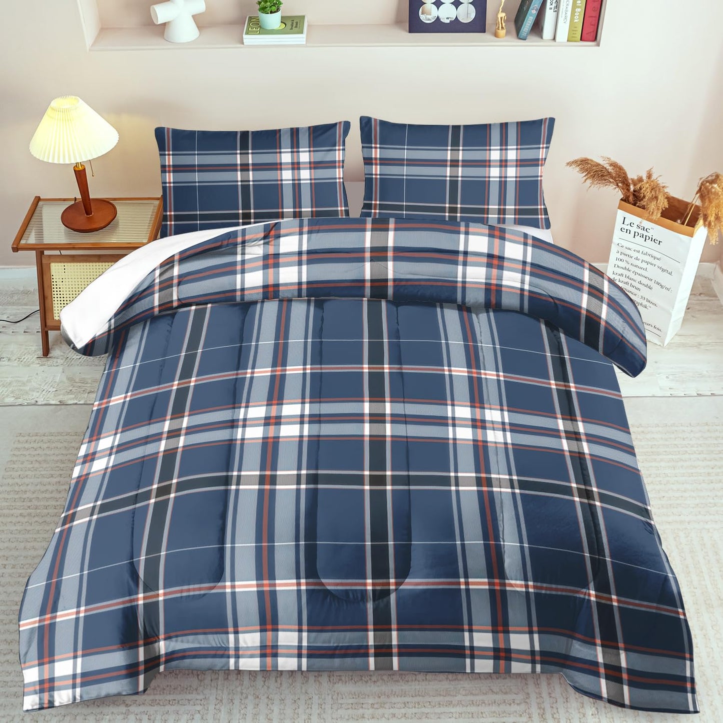llyxsesty Blue Grid Comforter Set Queen Teens Plaid Design Bedding Set for Boys Gingham Comforter Queen Girls Quilt Plaid Bedroom Decor Grid Checkered Bedding Bed Decor