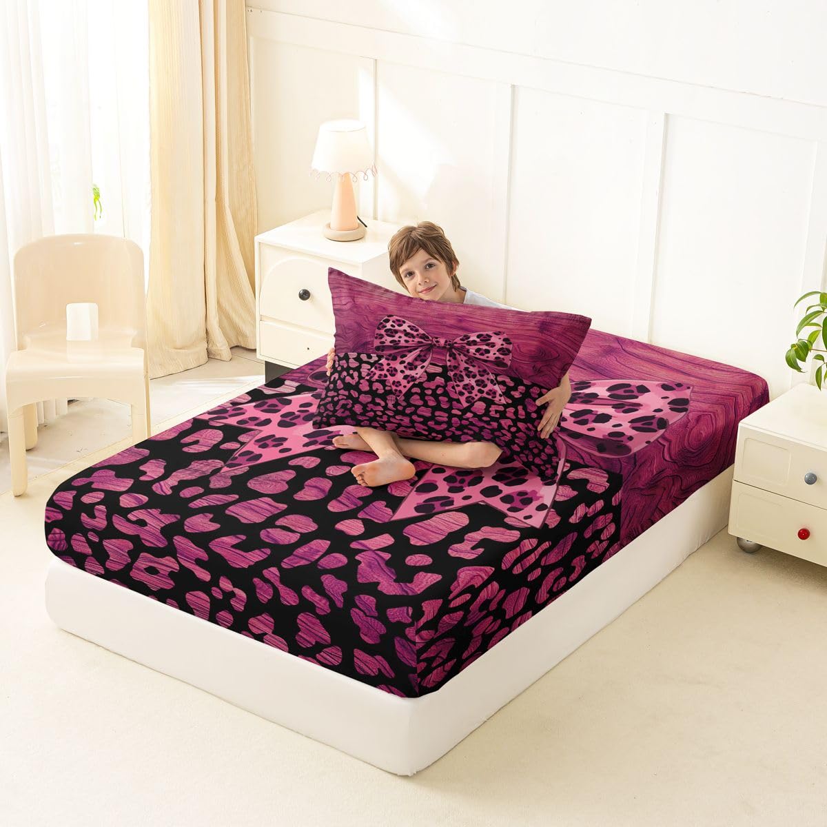 jejeloiu Pink Leopard Bow Fitted Sheet with 1 Pillowcase Twin Size Leopard Print Bowknot Bed Sheets Set 16" Deep Pocket Boys Girls Abstract Bedding Teens Bedroom Decor Breathable