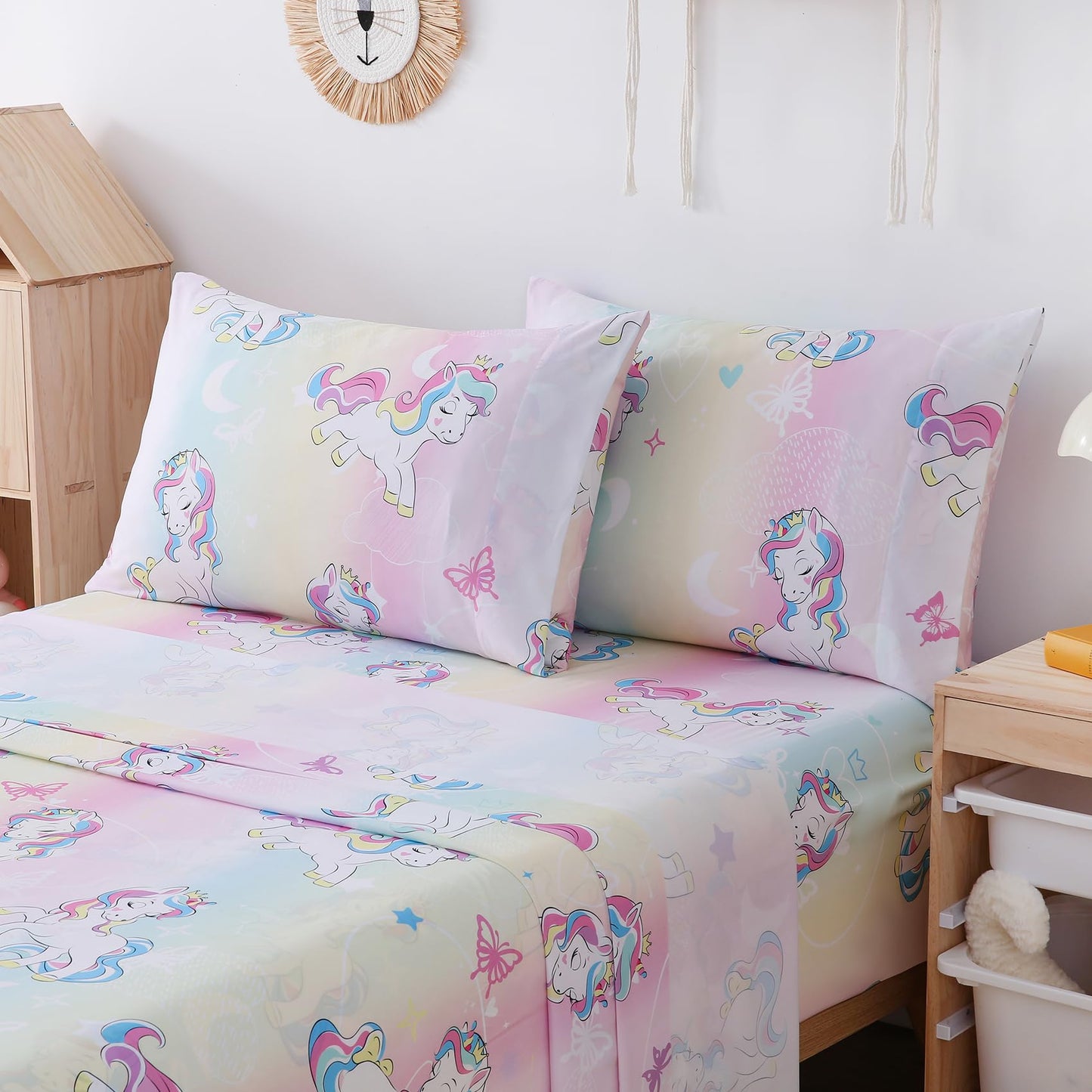 Yibeizi Full Size Sheets Set Kids, Rainbow Unicorn Pattern Microfiber Double Bed Sheets, Cute Soft Oeko-Tex Extra Deep Pocket Sheets & Pillowcases Cooling Hypoallergenic Wrinkle Free Bedsheets