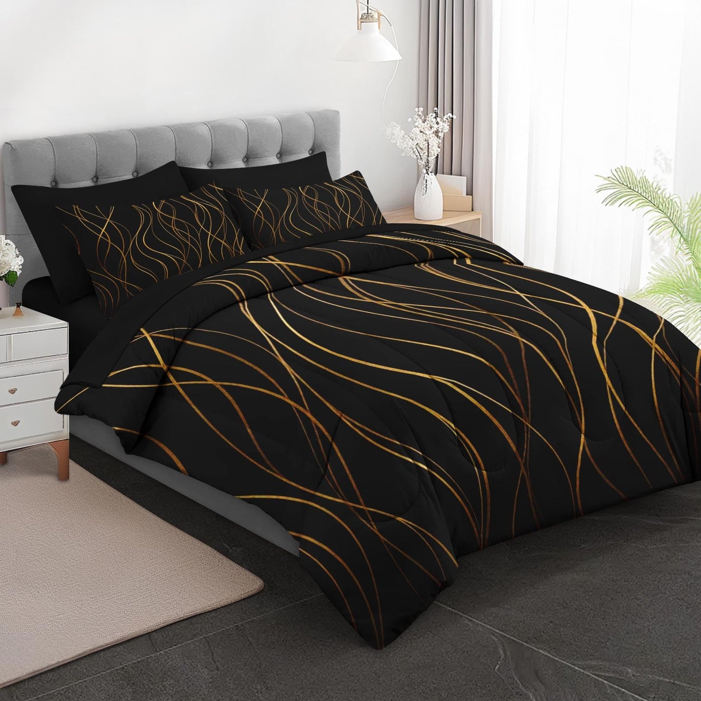 Boewywh Comforter Set Twin Size Gold Black Abstract 7 Pcs, Bedding for Kids and Adults, Bed Sheet Sets with Fitted Sheet 2 Pillowcases & 2 Shams for Bedroom Bed Decor