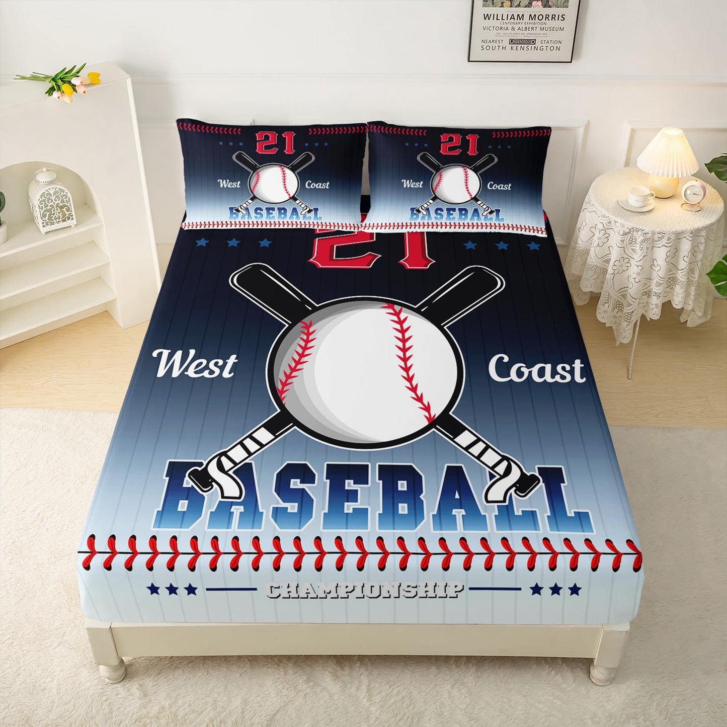QOOMO Baseball Kids Bed Sheets Full Size,Ball Game Print Bedding Sheet Set,4Pcs Sports Deep Pocket Bed Sets with 1 Fitted Sheet 1 Flat Sheet 2 Pillowcases for Boys Girls Teens