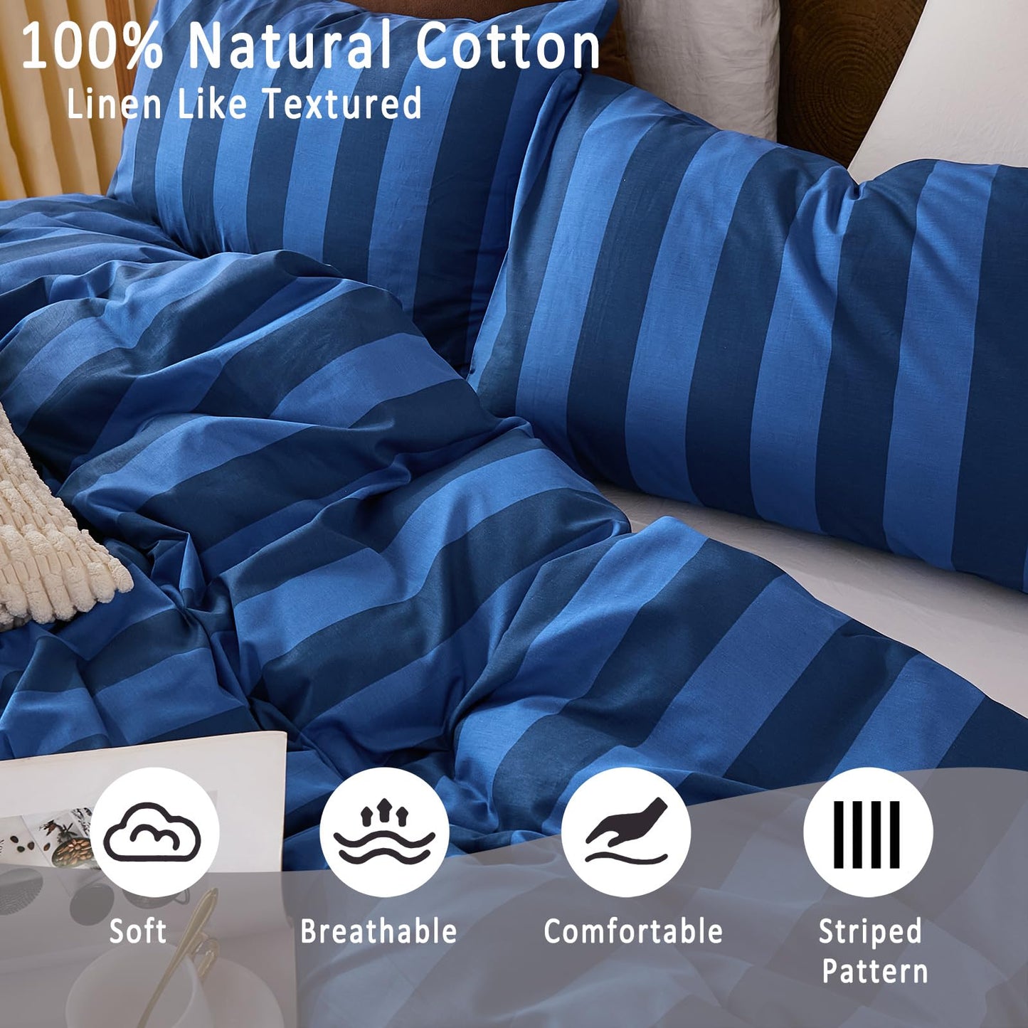Merryword Blue Striped Comforter Set King Size, 100% Cotton Reversible Comforter Set 3 Pcs, Luxury Linen Like Bedding, Soft Breathable Lightweight Comforter for All Seasons