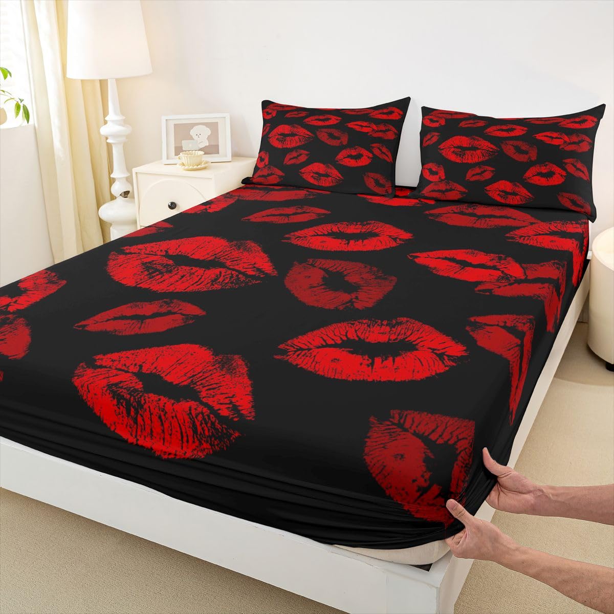 Feelyou Lips Fitted Sheet Full Size for Kids Boys Girls Kissing Lips Bed Sheets Set 16" Deep Pocket Soft Breathable Microfiber Romantic Bedding with 2 Pillowcases Room Decor