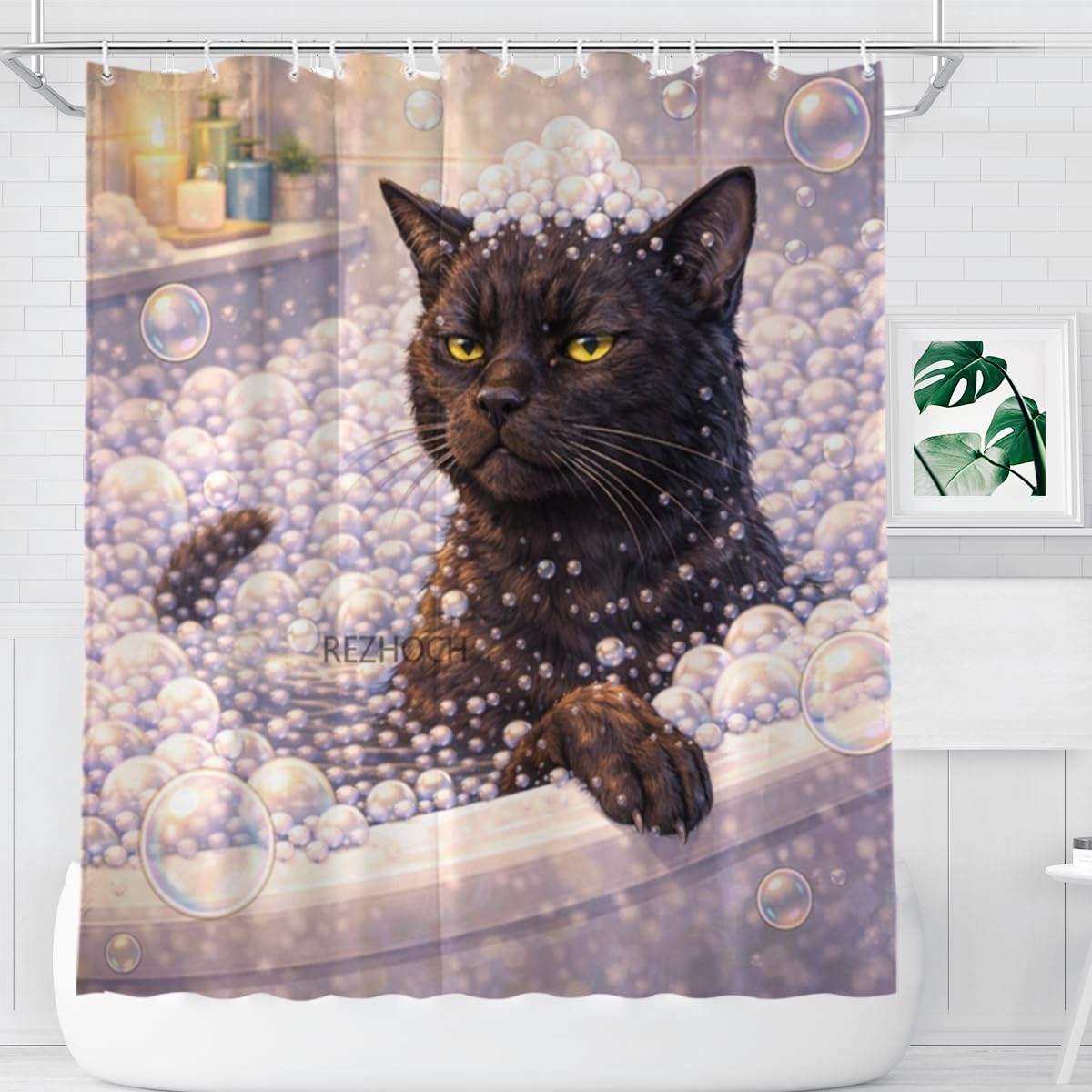 REZHOCH Funny Black Cat Shower Curtain 72x72 Inch,Cute Animal Bubble Bathroom Decor,Lovely Bathtub Waterproof Fabric Modern Art Humor Farmhouse Home Bath Set with 12 Hooks