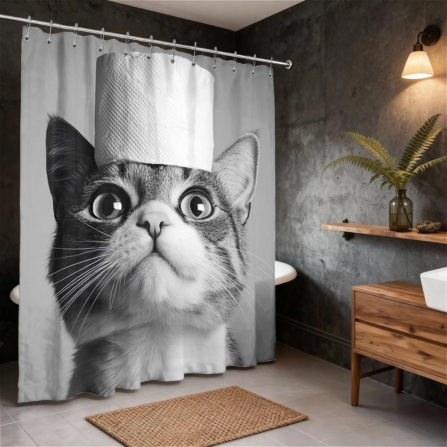 TANGXUNFA Cat-with-Toilet-Paper Shower Curtain for Bathroom, Water-Resistant Long Shower Curtain Set 72x72 Inch with Metal Grommets and 12 Metal Hooks